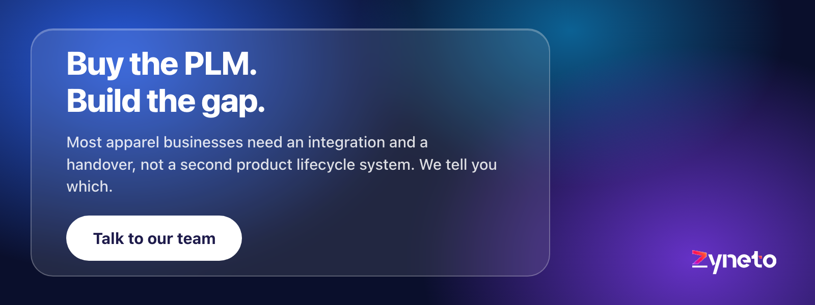 Zyneto banner advising buying a PLM and building the integration gap rather than a second lifecycle system.