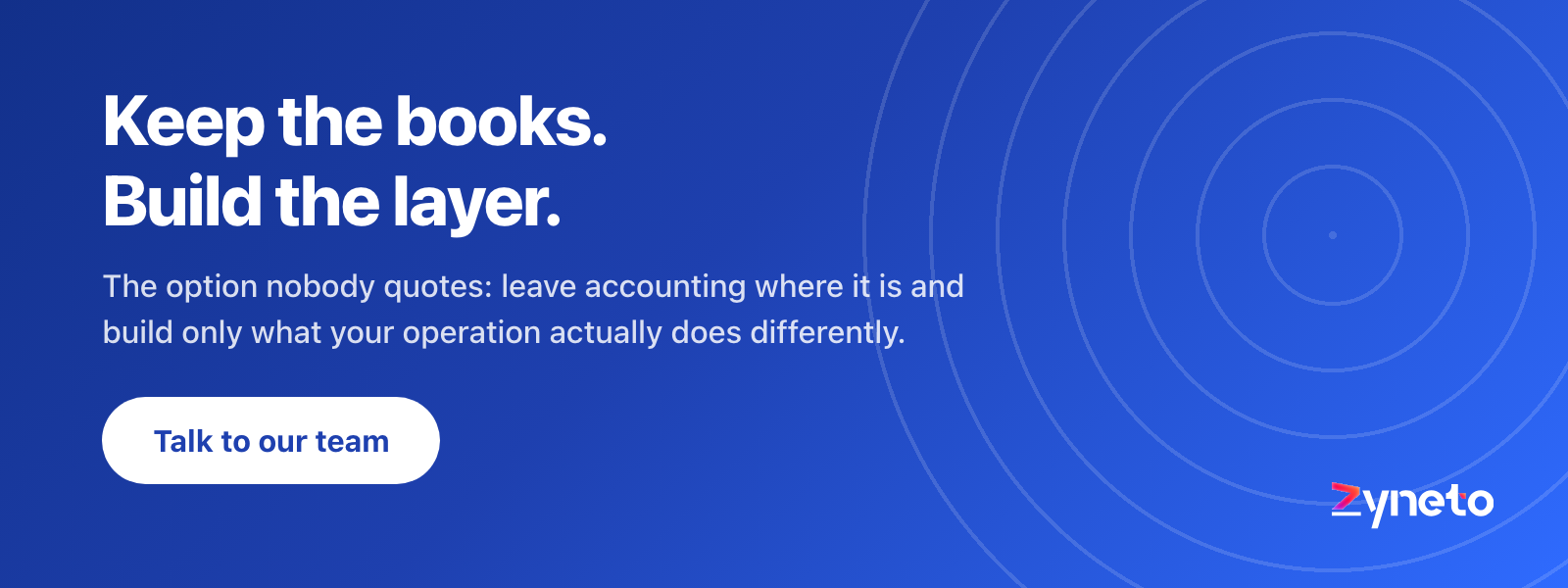 Zyneto banner suggesting you keep your accounting system and build only the layer your operation needs.