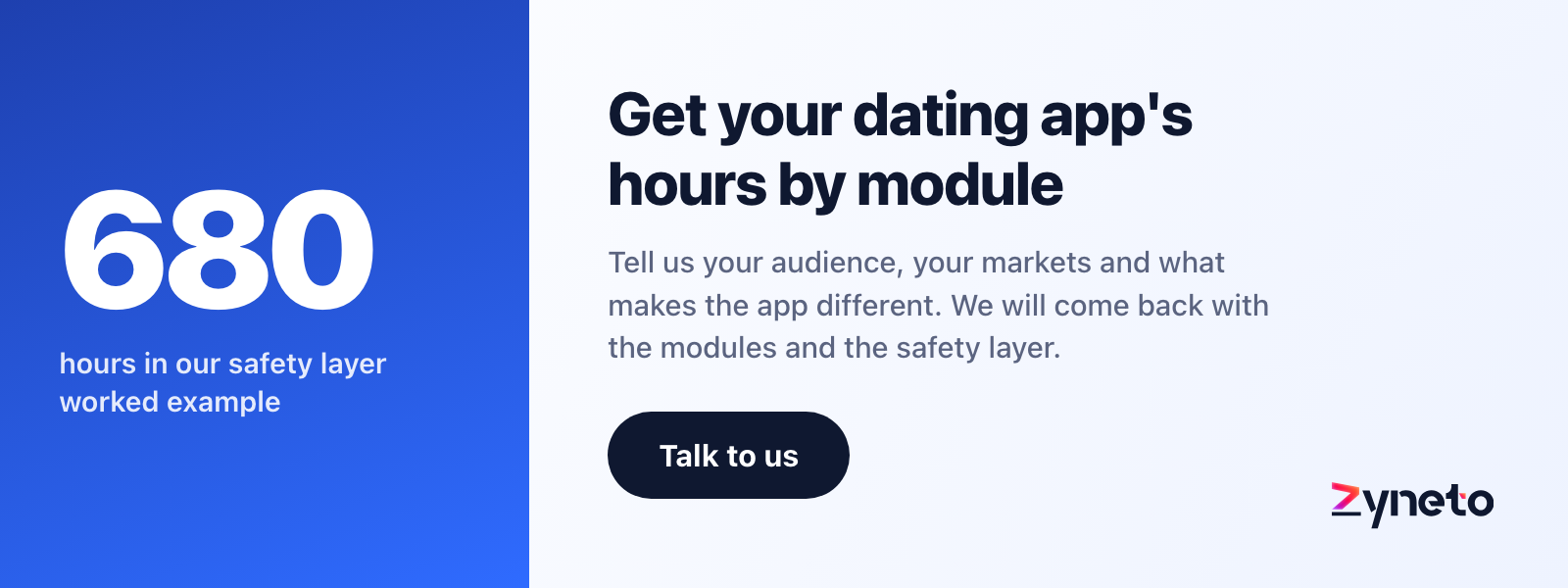 Zyneto banner offering to estimate a dating app in hours module by module, starting with its audience, markets and differentiator.