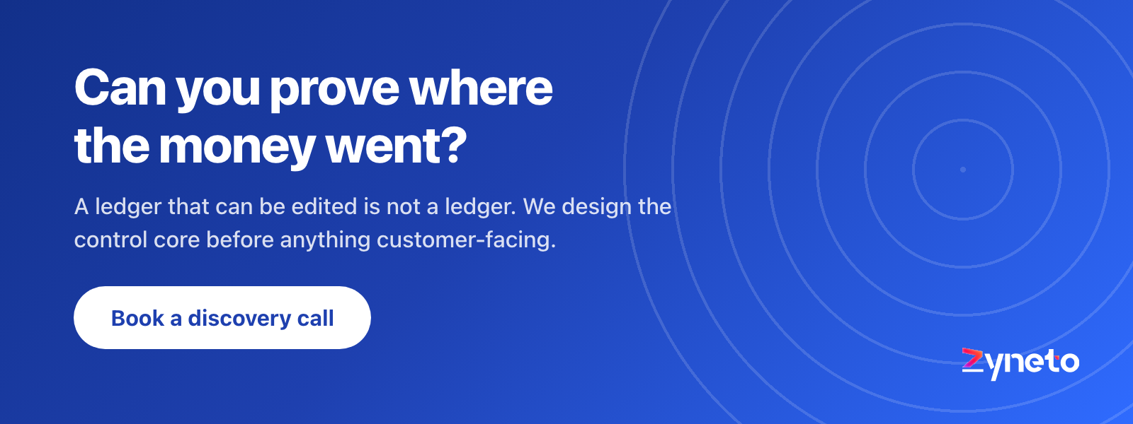Zyneto banner asking whether you can prove where the money went, about designing the control core first.