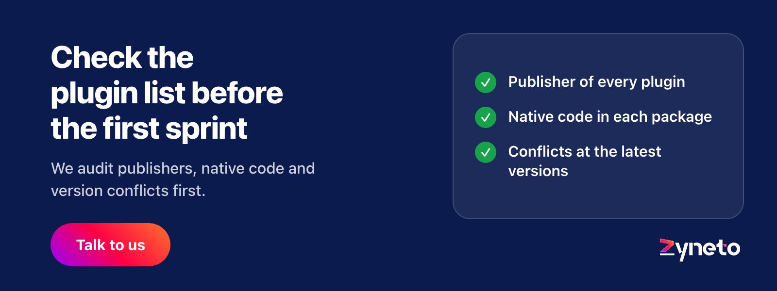 Zyneto banner offering a Flutter plugin audit covering publishers, native code and version conflicts.