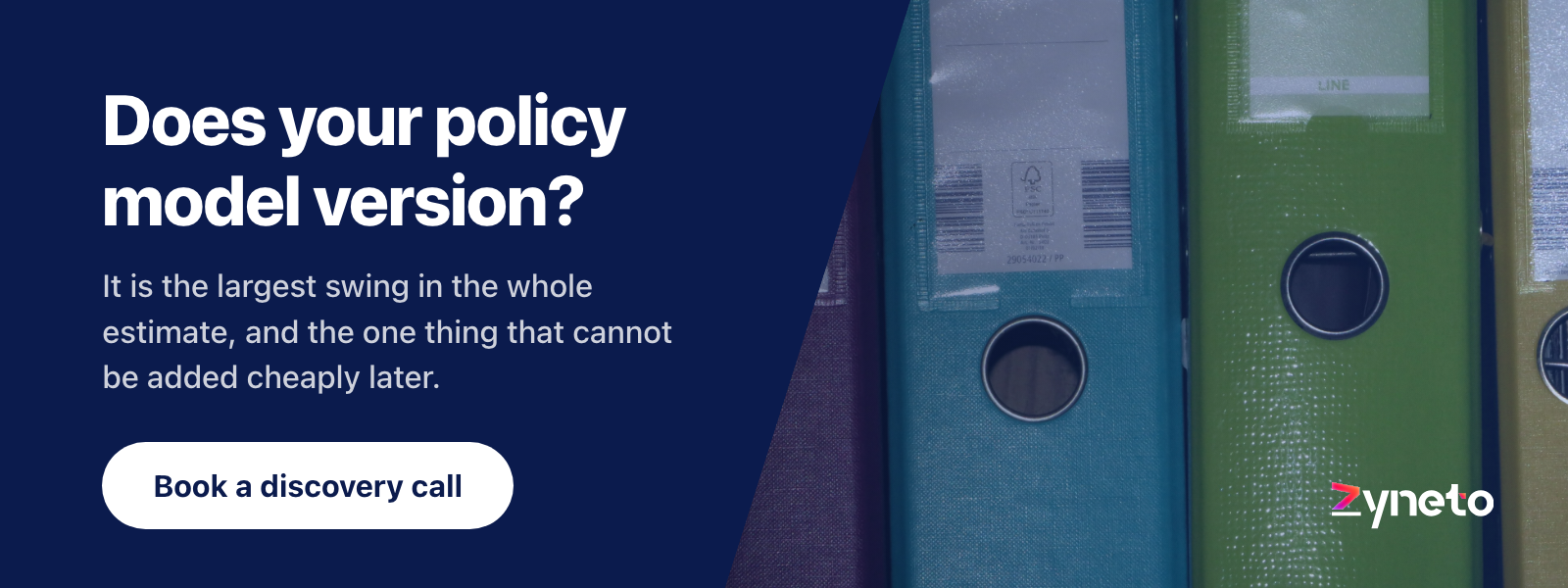 Zyneto banner asking whether your policy model versions, over rows of archive binders.