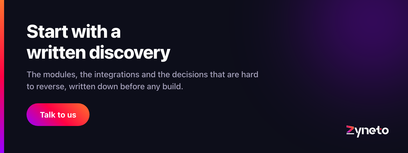 Zyneto banner offering a discovery that writes down a mobile app's modules, integrations and hard-to-reverse decisions before the build.
