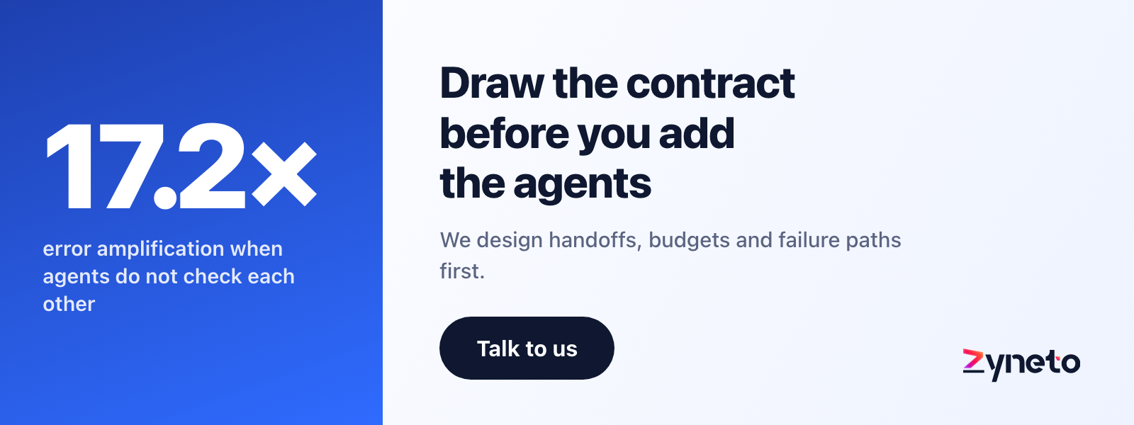 Zyneto banner offering to design multi-agent handoffs, budgets and failure paths before the agents are built.