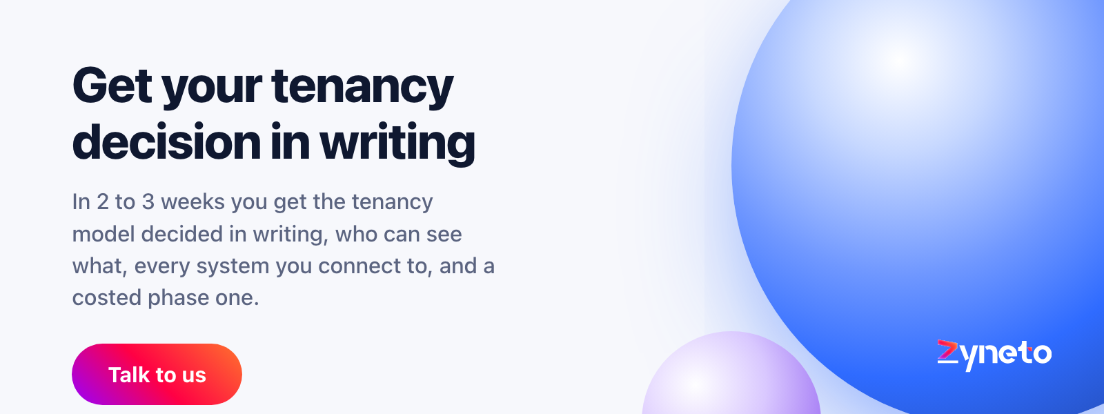 Zyneto banner offering a discovery that produces a SaaS product's tenancy decision record, permission matrix, integration inventory and costed phase-one plan.