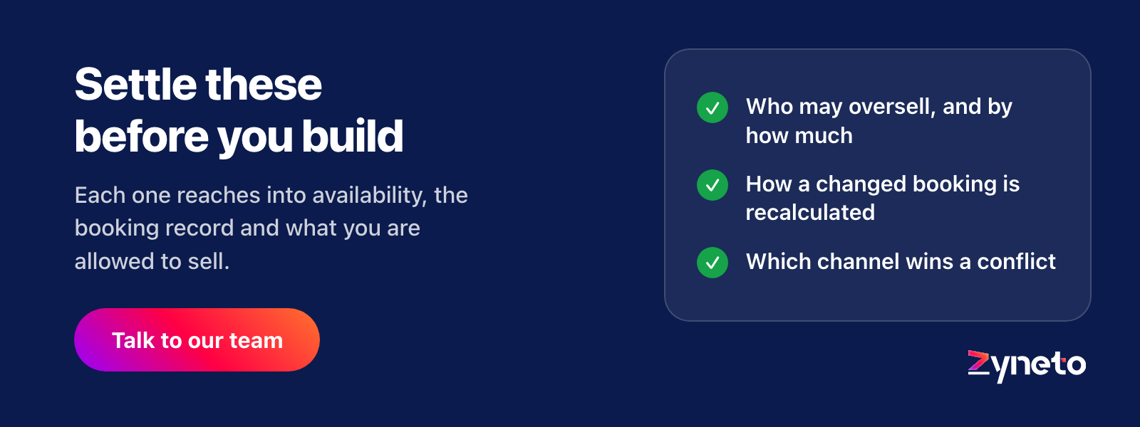 Zyneto banner listing three decisions to settle before building: overselling policy, how a changed booking is repriced, and which channel wins a conflict.